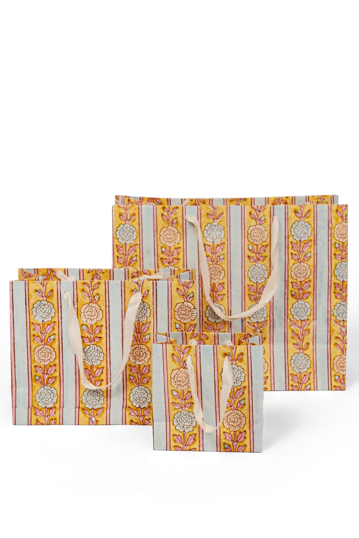 Vintage Floral Stripes Blockprint Gift Bag in Green
