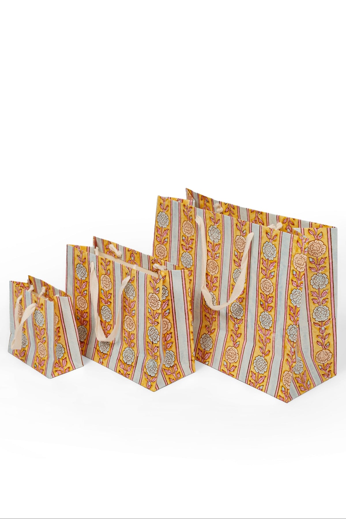 Vintage Floral Stripes Blockprint Gift Bag in Green