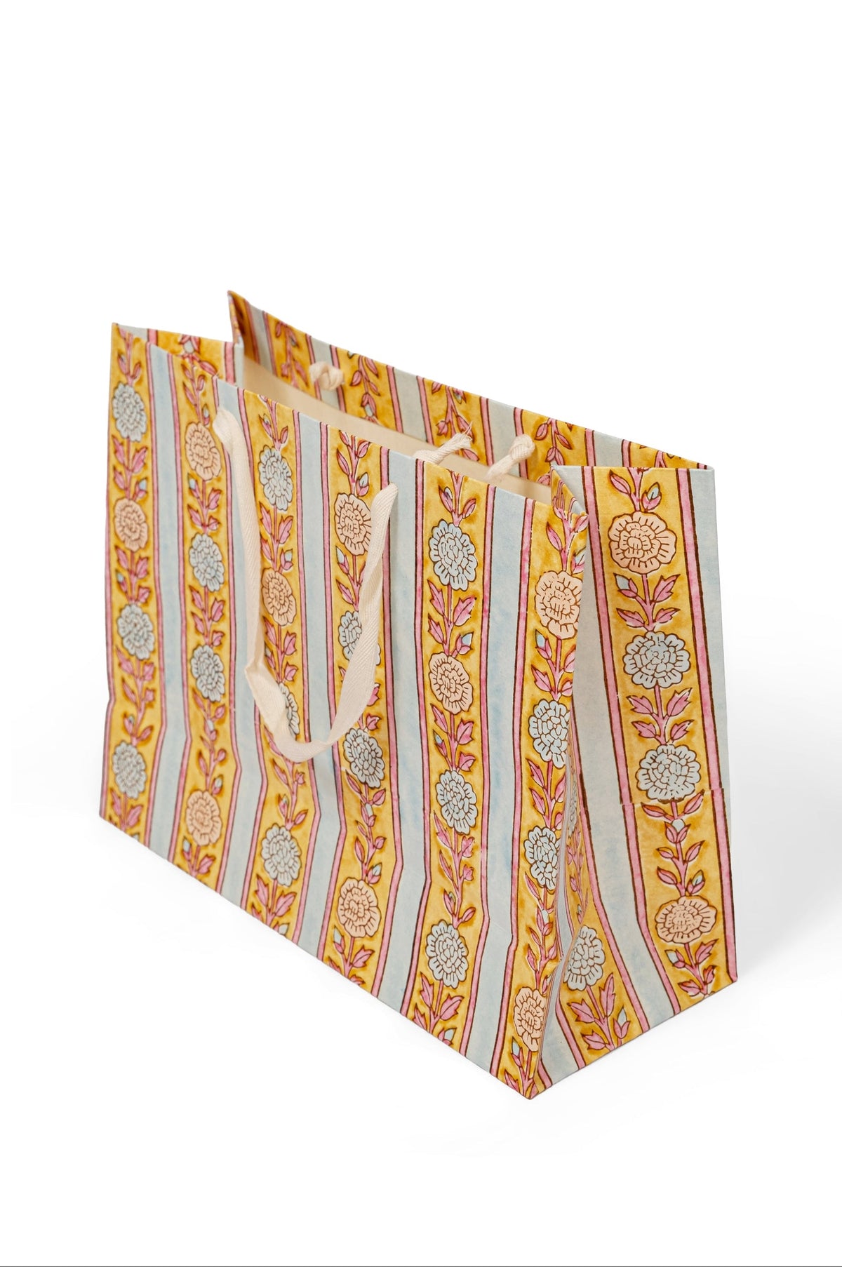 Vintage Floral Stripes Blockprint Gift Bag in Green