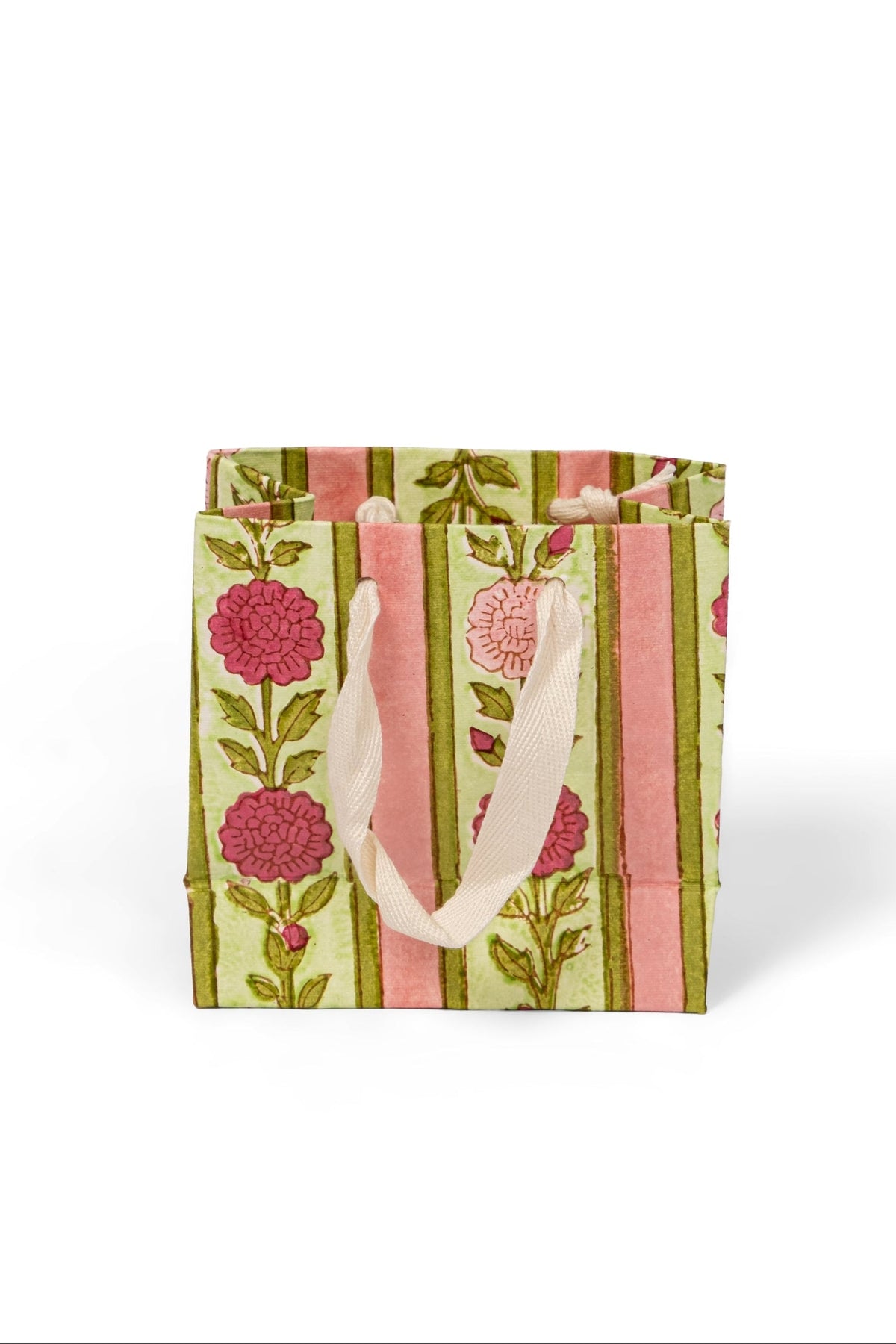 Vintage Floral Stripes Blockprint Gift Bag in Pink
