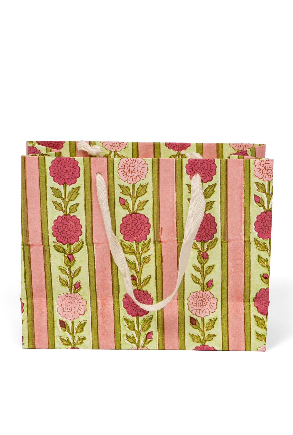 Vintage Floral Stripes Blockprint Gift Bag in Pink