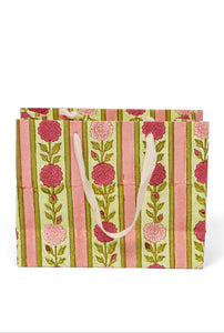 Vintage Floral Stripes Blockprint Gift Bag in Pink