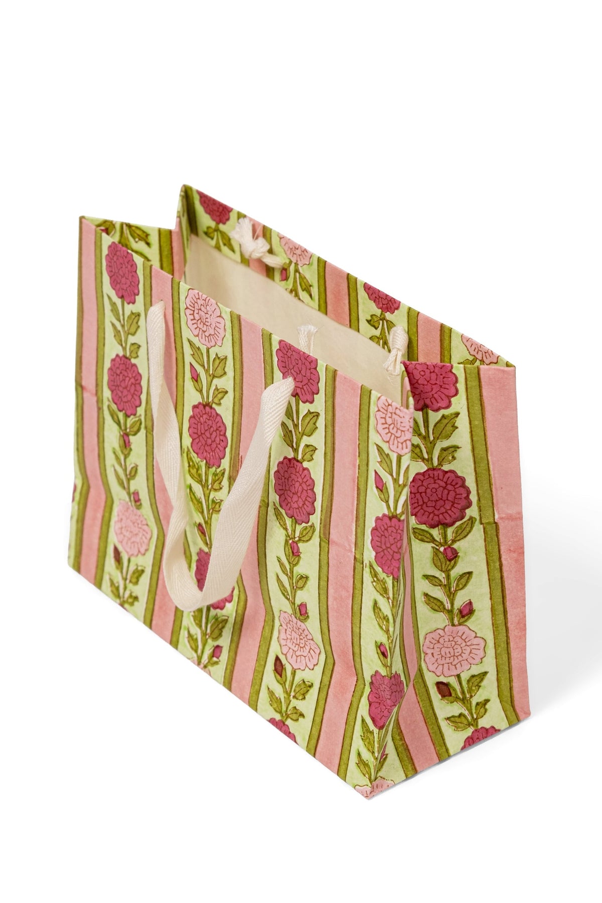 Vintage Floral Stripes Blockprint Gift Bag in Pink
