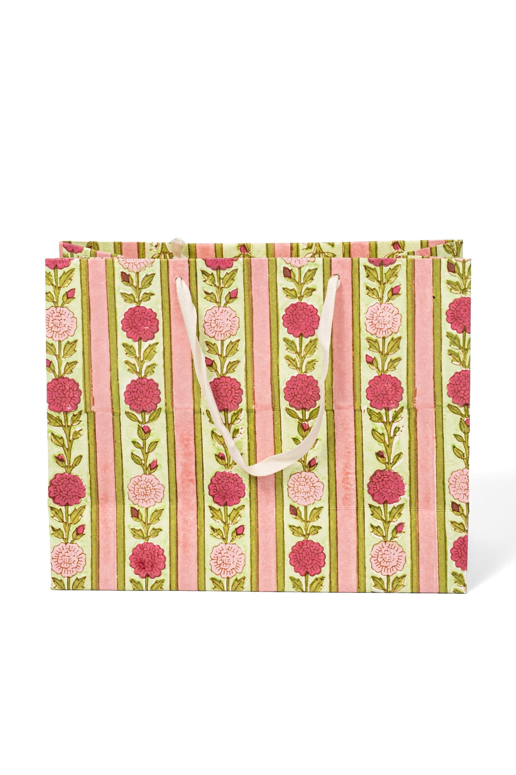 Vintage Floral Stripes Blockprint Gift Bag in Pink