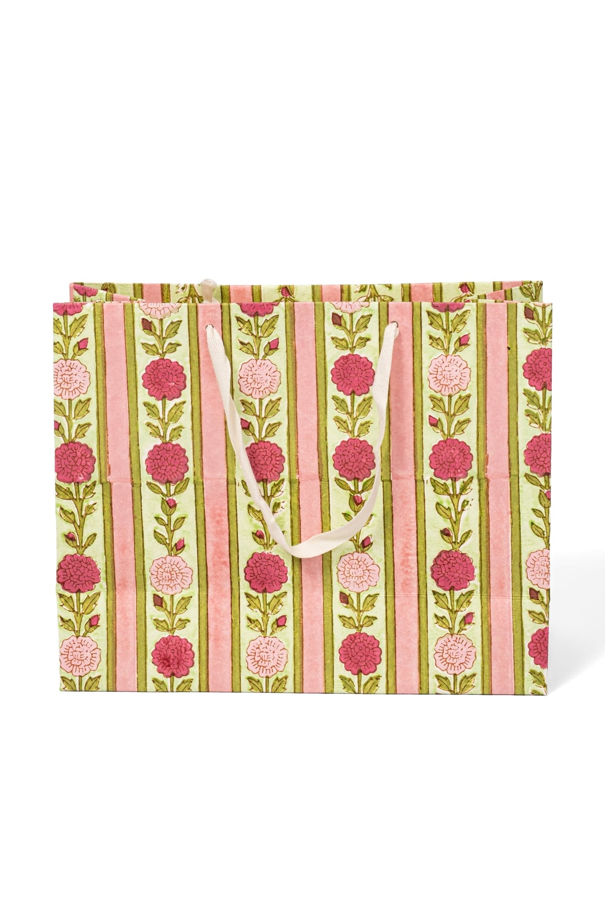 Vintage Floral Stripes Blockprint Gift Bag in Pink