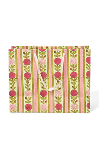 Vintage Floral Stripes Blockprint Gift Bag in Pink