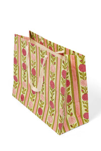 Vintage Floral Stripes Blockprint Gift Bag in Pink