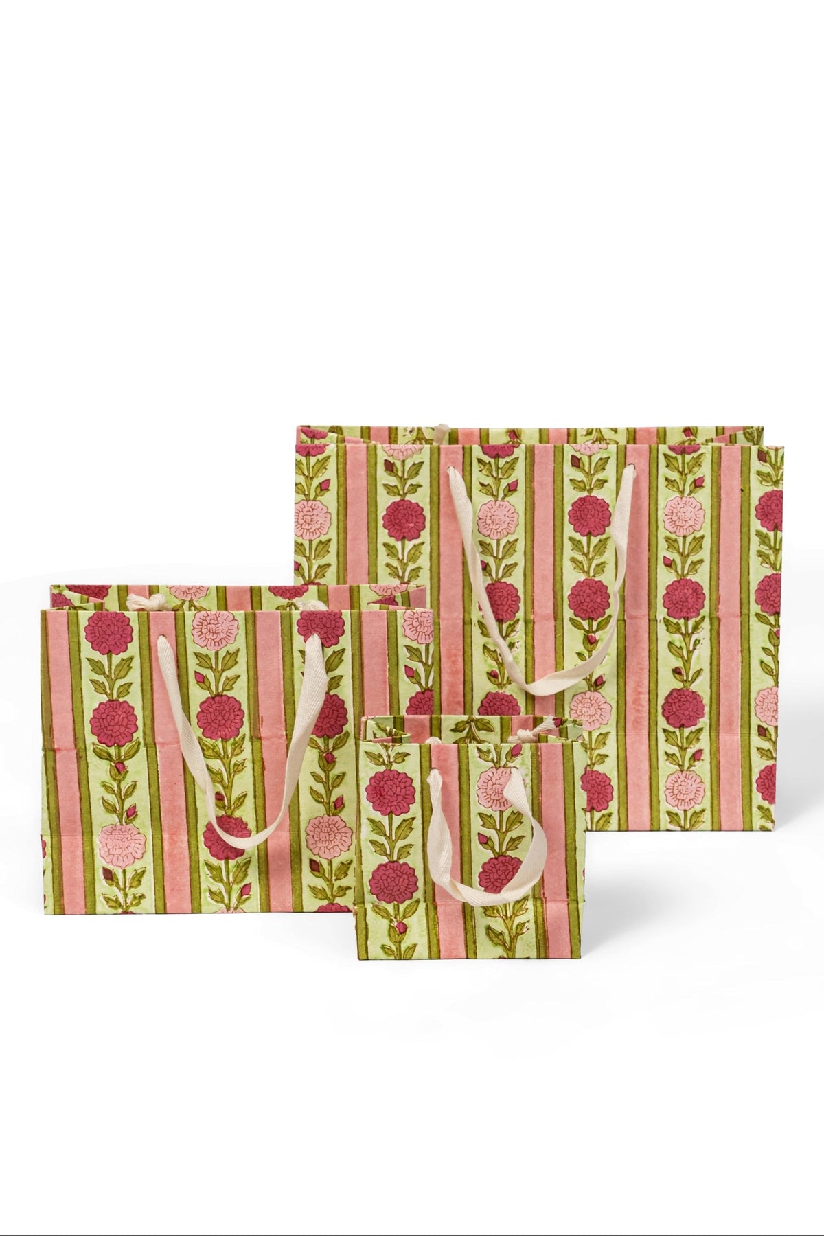 Vintage Floral Stripes Blockprint Gift Bag in Pink
