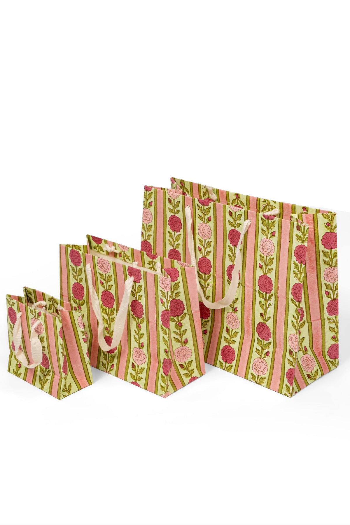 Vintage Floral Stripes Blockprint Gift Bag in Pink