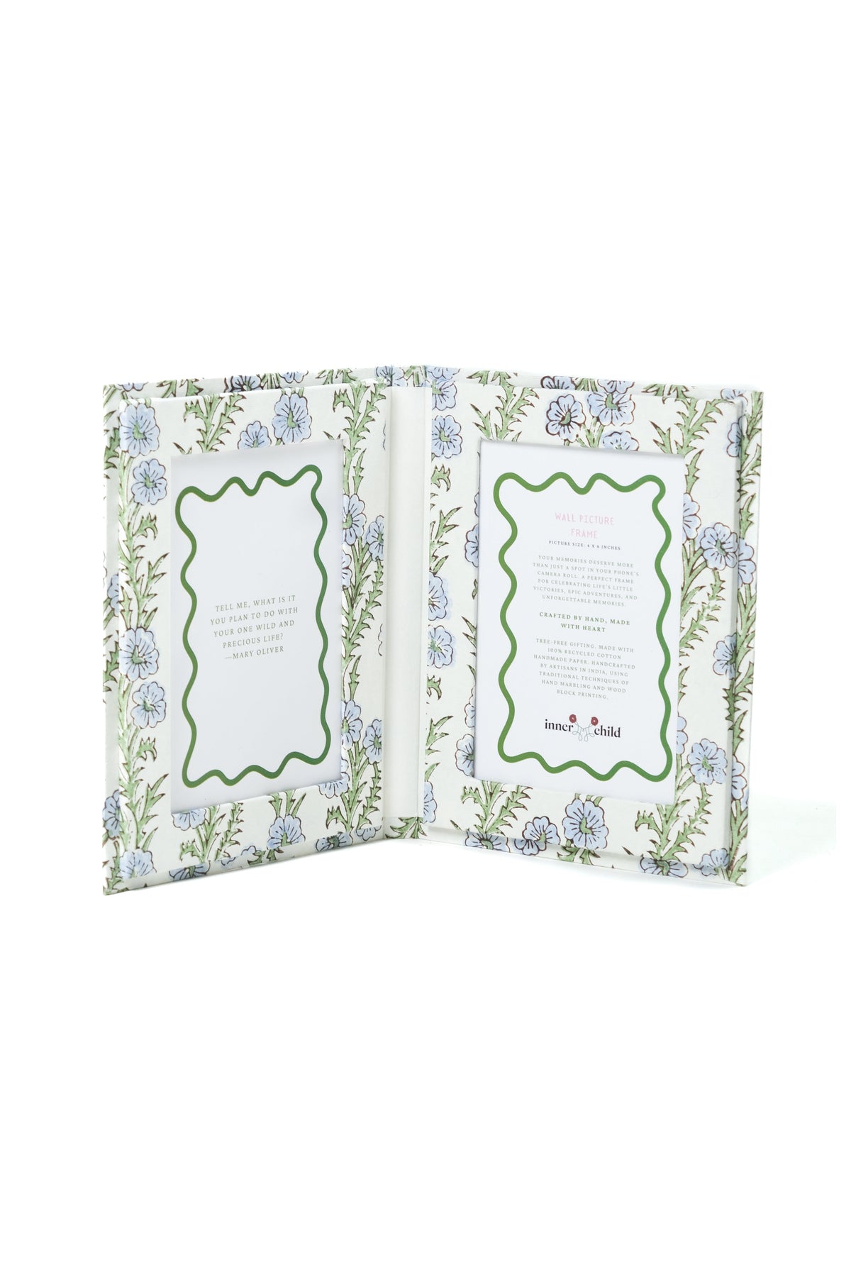 Forget-me-not blockprint folding picture frame book from Inner Child