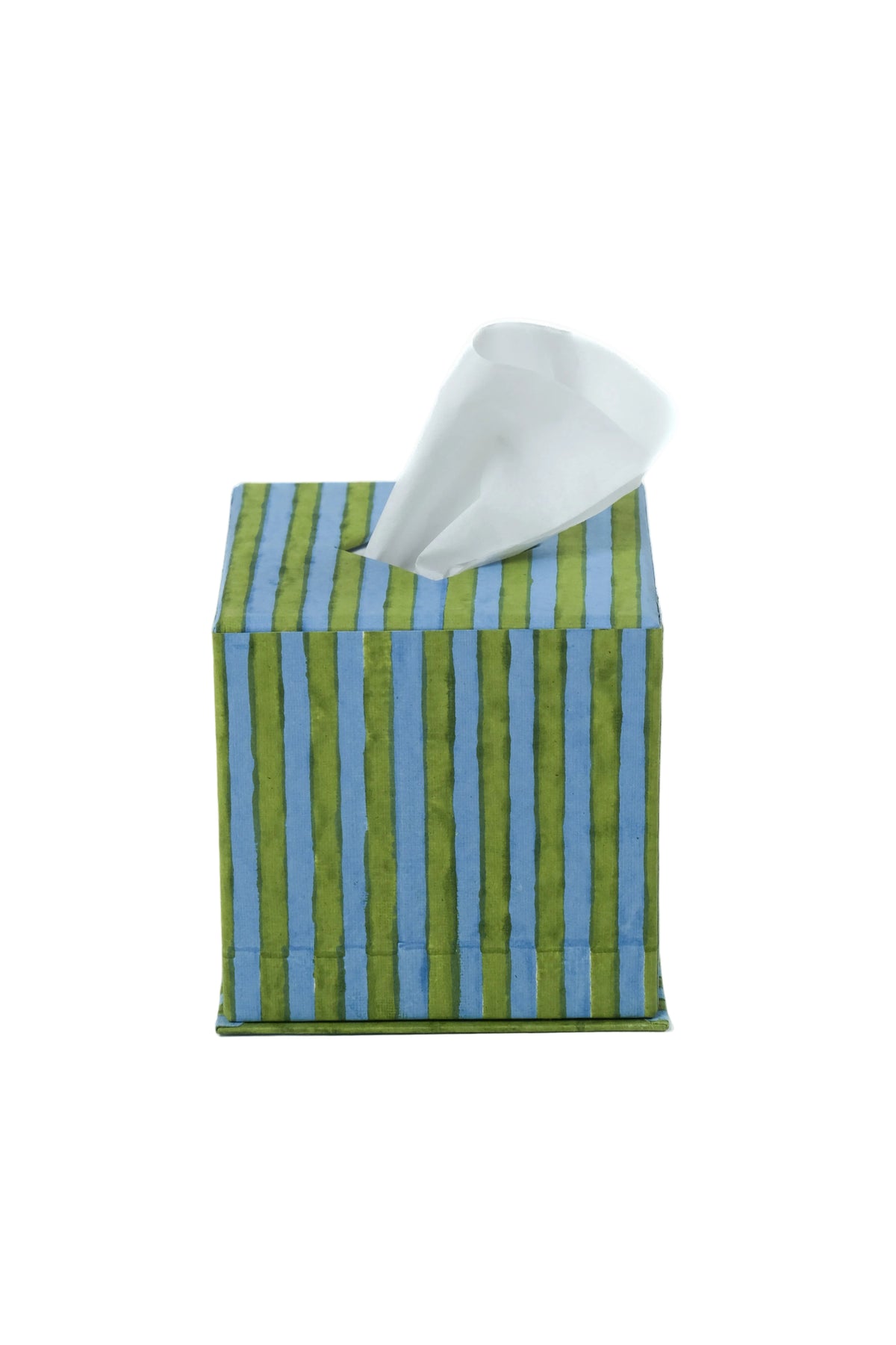 Green and blue striped blockprint tissue box cover with tissue