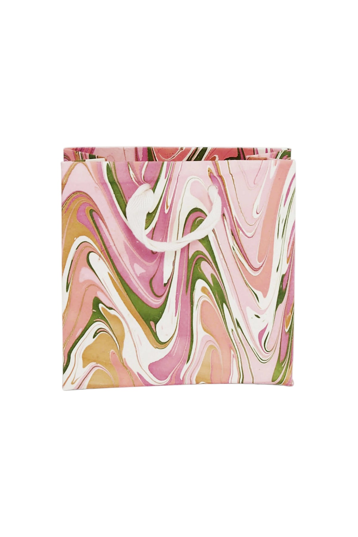 Small peony bloom hand marbled gift bag with pink, green swirling patterns