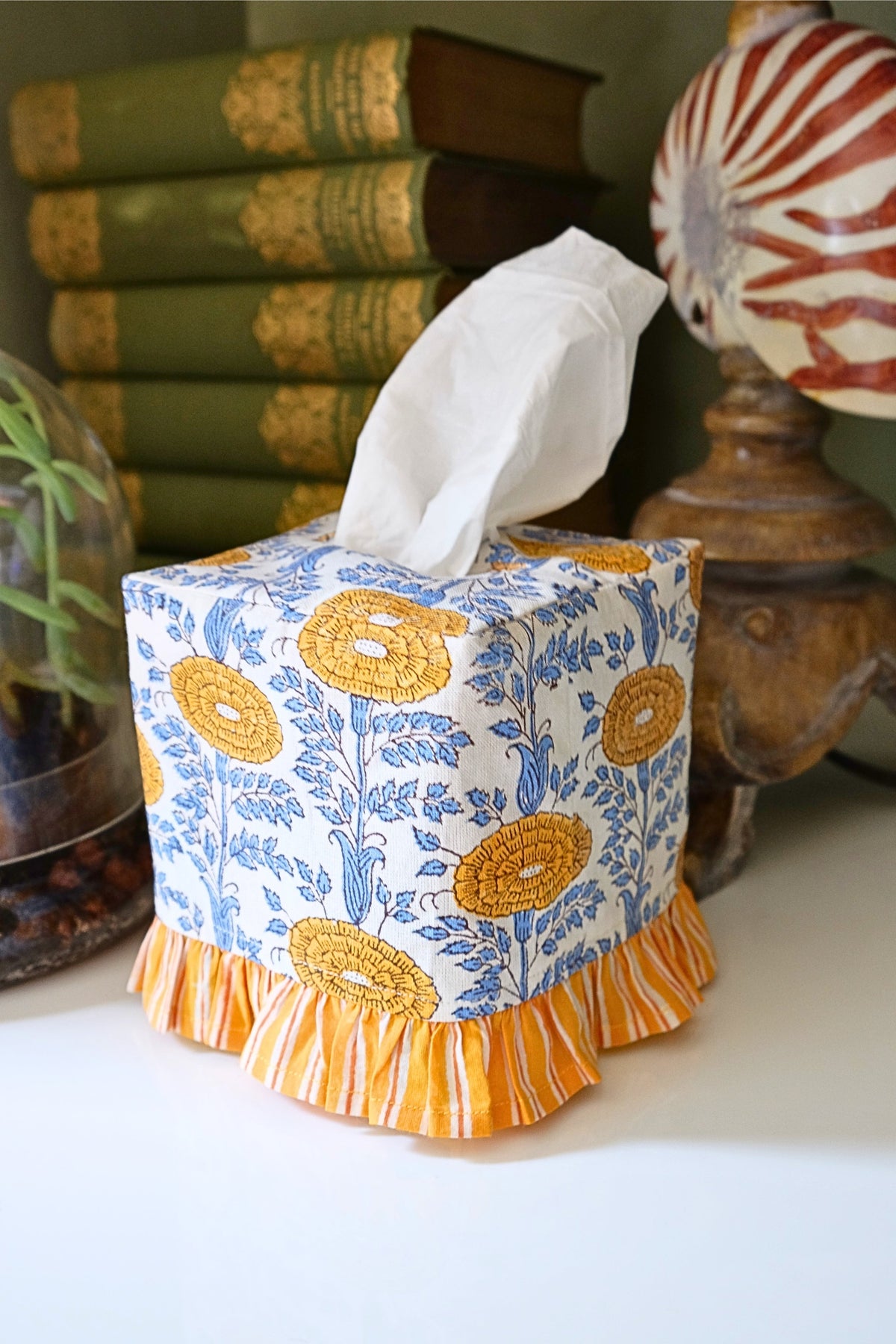 Inner Child Araminta Yellow Blockprint ruffled tissue box cover close-up