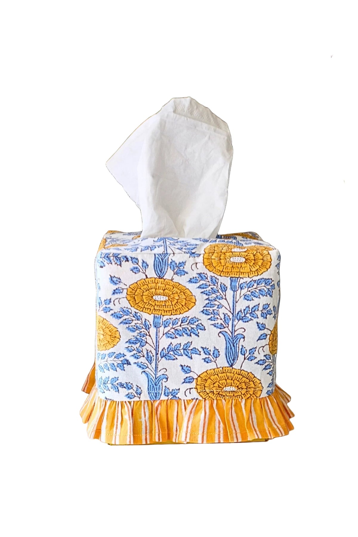 Inner Child Araminta Yellow Blockprint ruffled tissue box cover with floral design