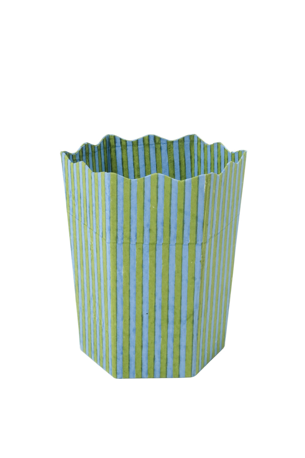 Blockprint scallop waste bin with green and blue striped pattern - Inner Child