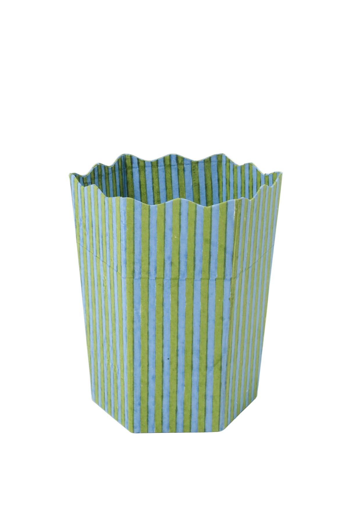 Blockprint scallop waste bin with green and blue striped pattern - Inner Child