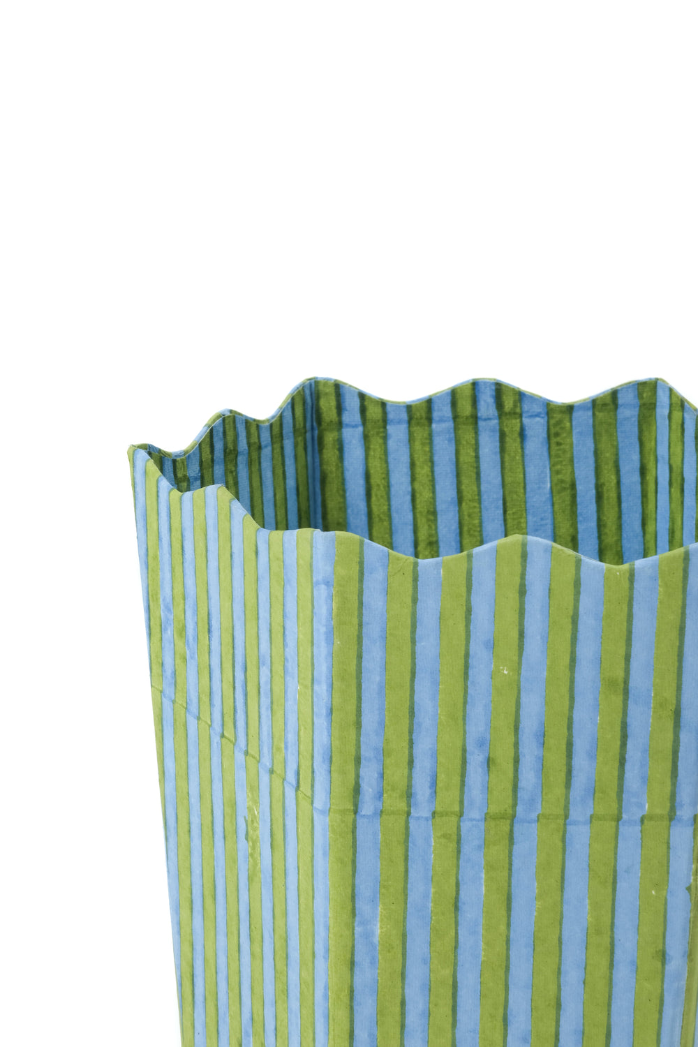 Blockprint scallop waste bin showcasing green and blue striped pattern - Inner Child
