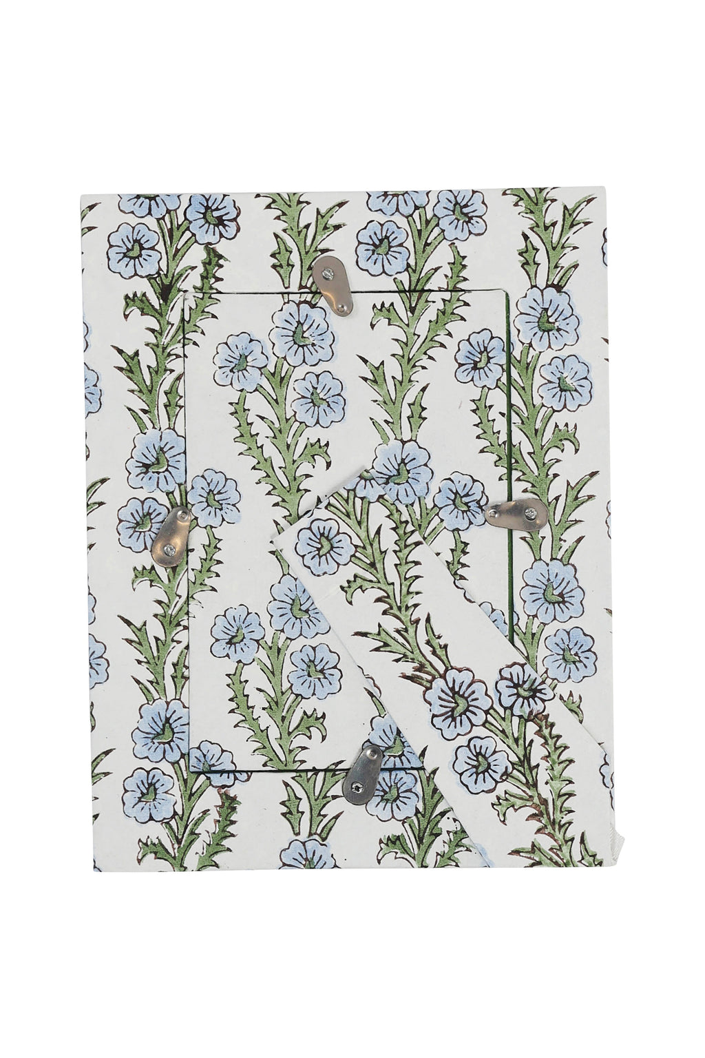 Blue forget-me-not floral fabric 4x6 rectangle picture frame with metal clasps