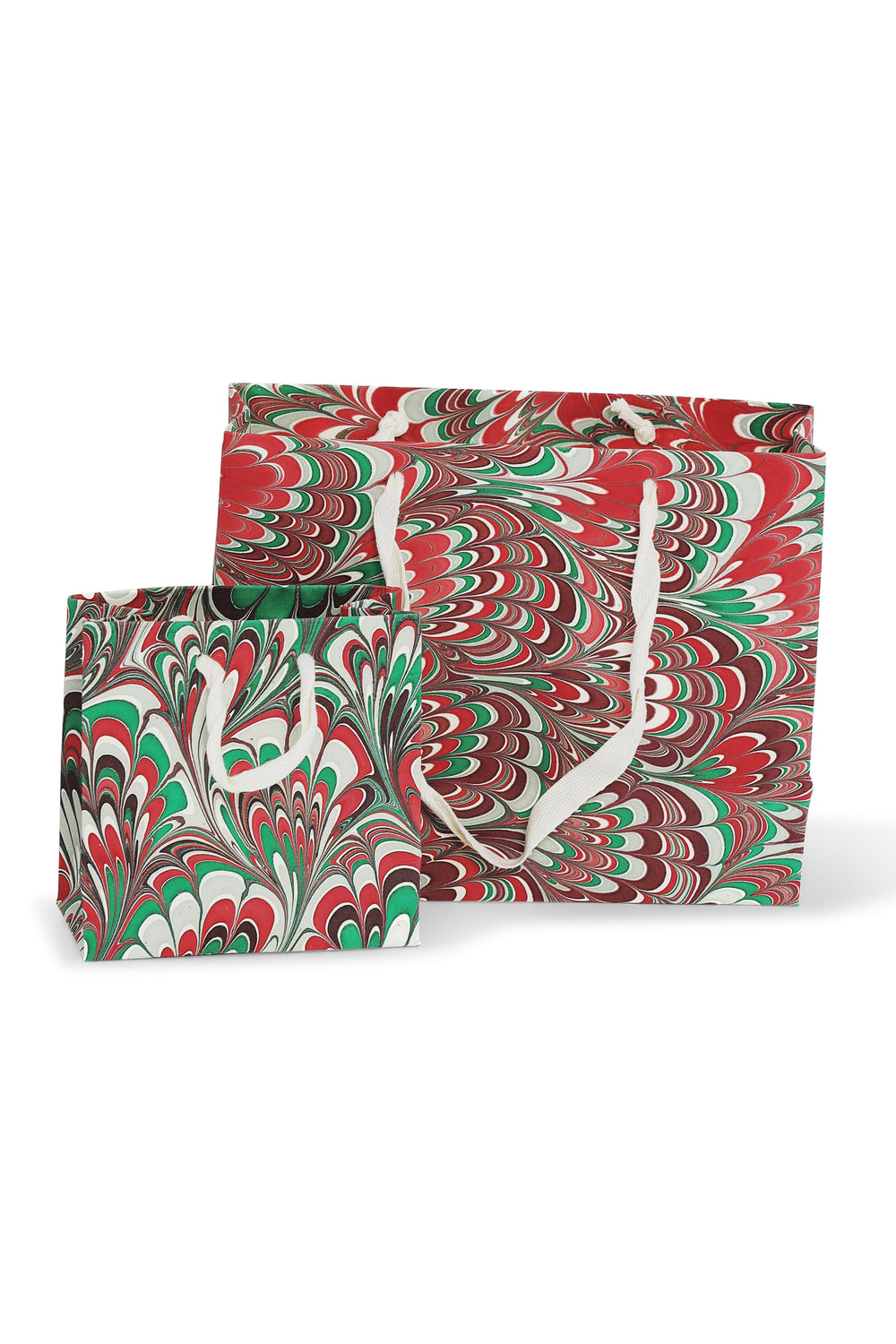 Set of holiday hand-marbled gift bags with red, green, white marbling designs