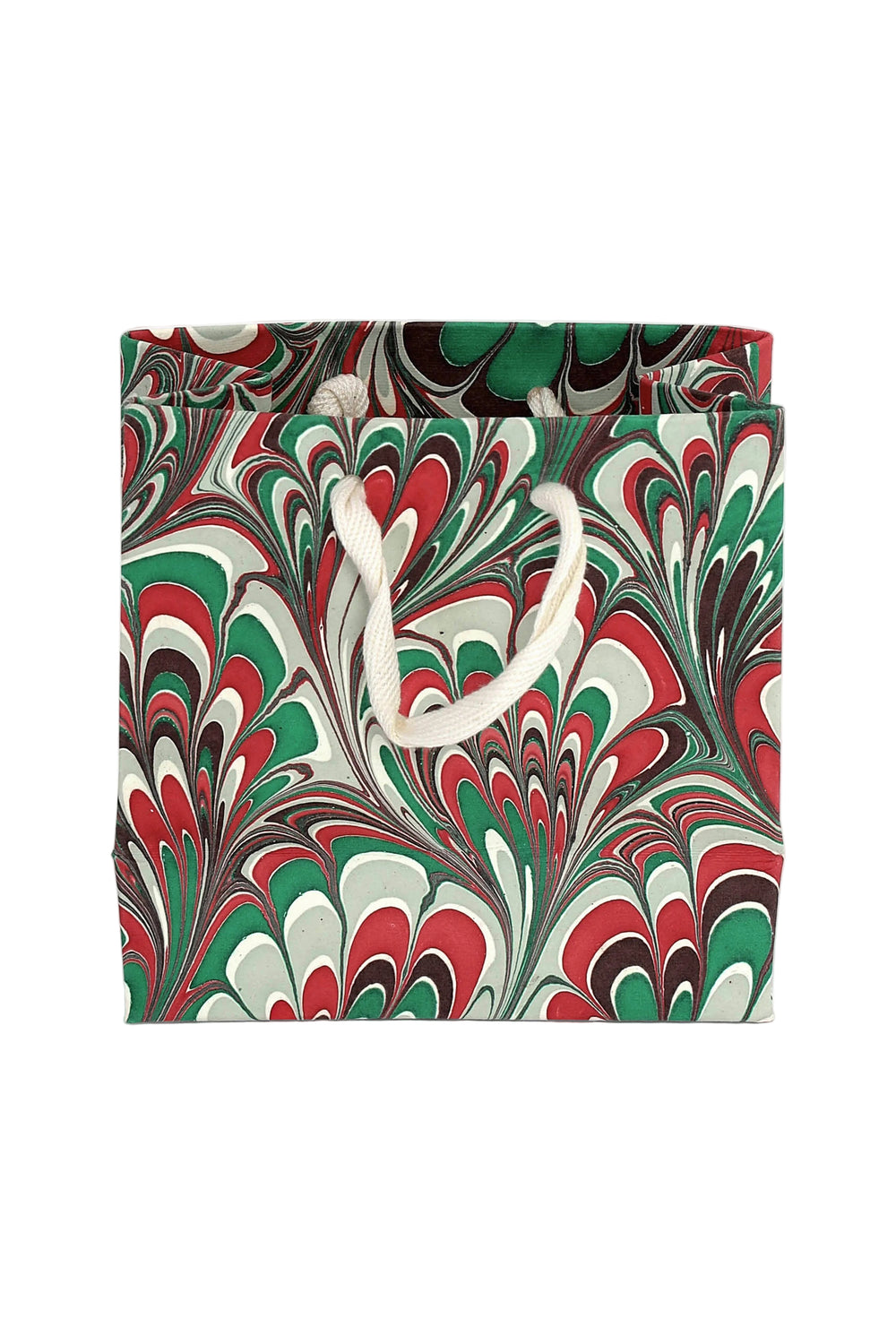 Small holiday festive hand-marbled gift bag with red, green, white swirling patterns