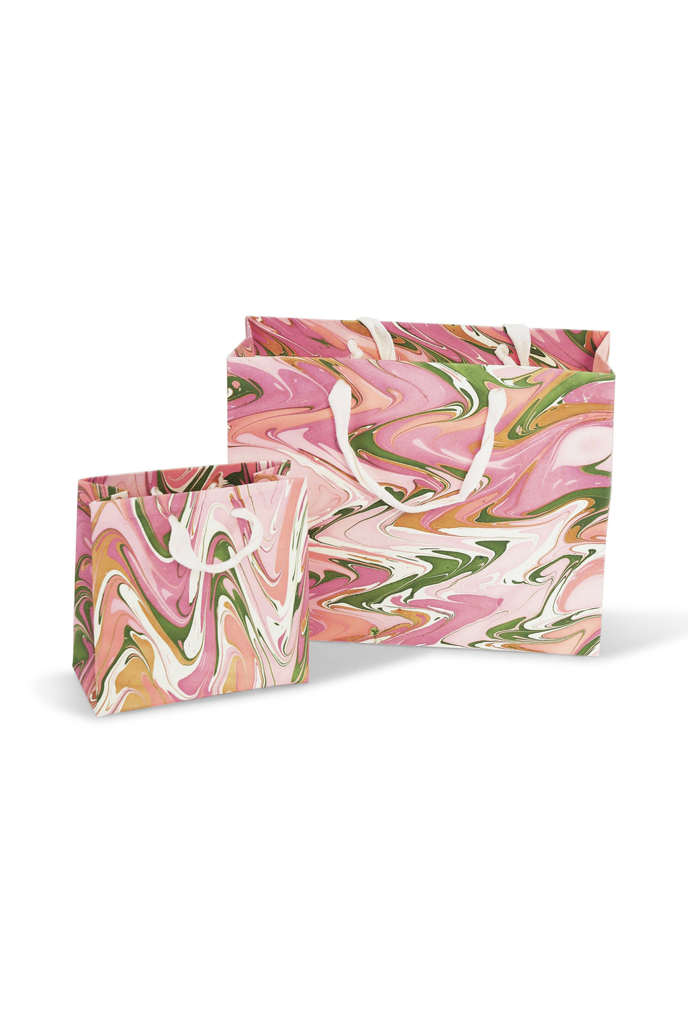 Set of peony bloom hand marbled gift bags in varying sizes