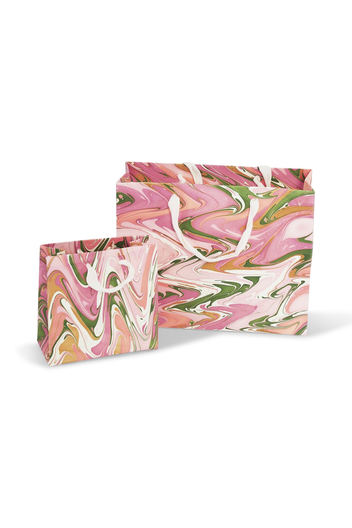 Set of peony bloom hand marbled gift bags in varying sizes