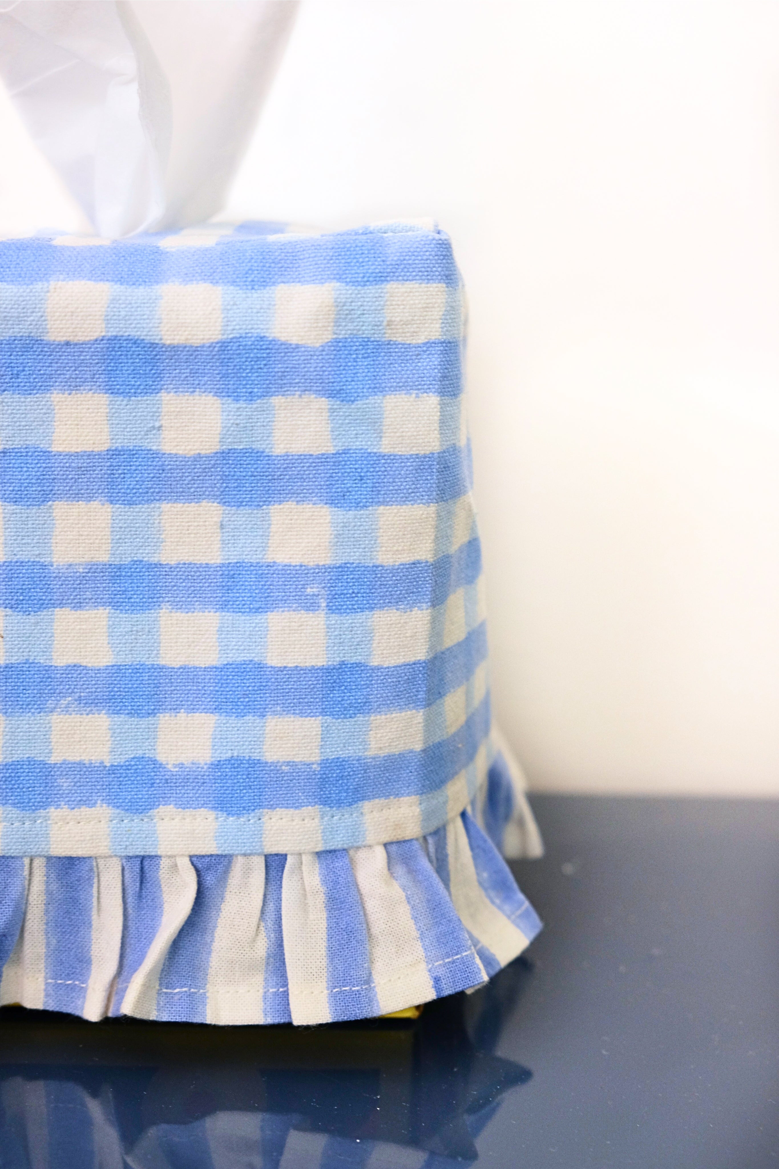 Inner Child Blue Gingham Blockprint ruffled tissue box cover detail