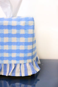 Inner Child Blue Gingham Blockprint ruffled tissue box cover detail