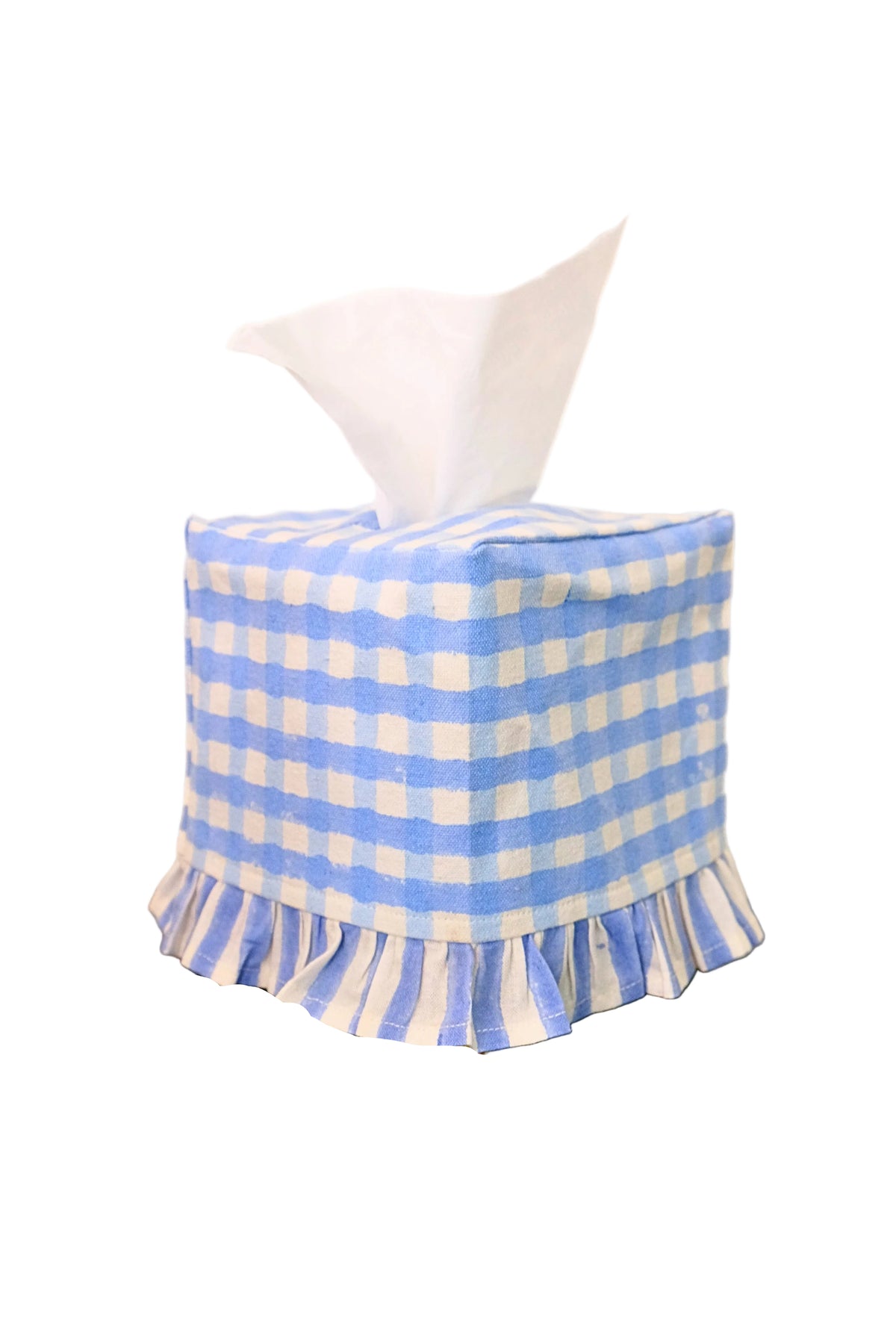 Inner Child Blue Gingham Blockprint ruffled tissue box cover with striped ruffle