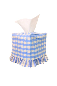 Inner Child Blue Gingham Blockprint ruffled tissue box cover with striped ruffle