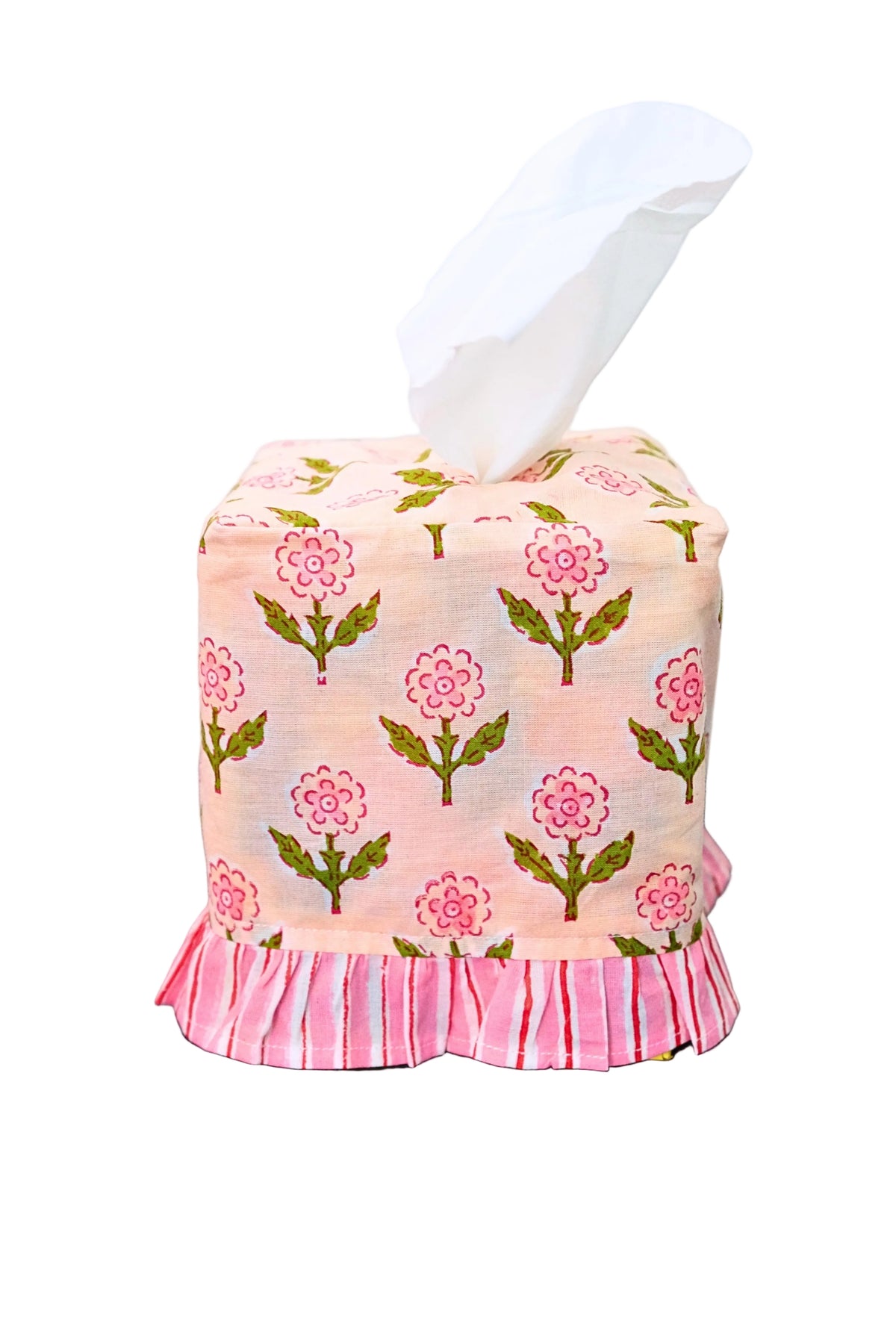 Inner Child Mona Pink Blockprint ruffled tissue box cover with floral pattern