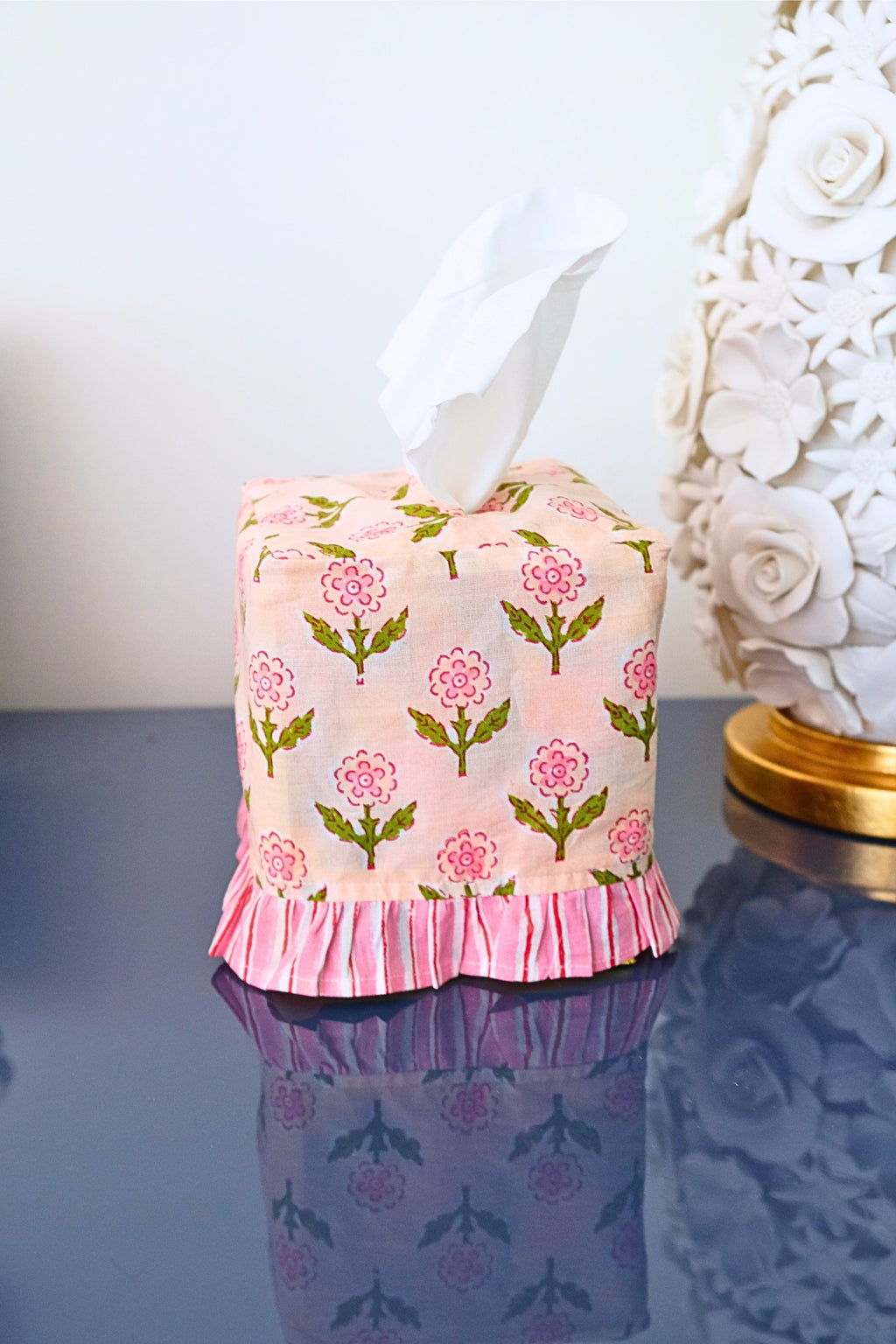 Mona pink blockprint ruffled tissue box cover with floral pattern