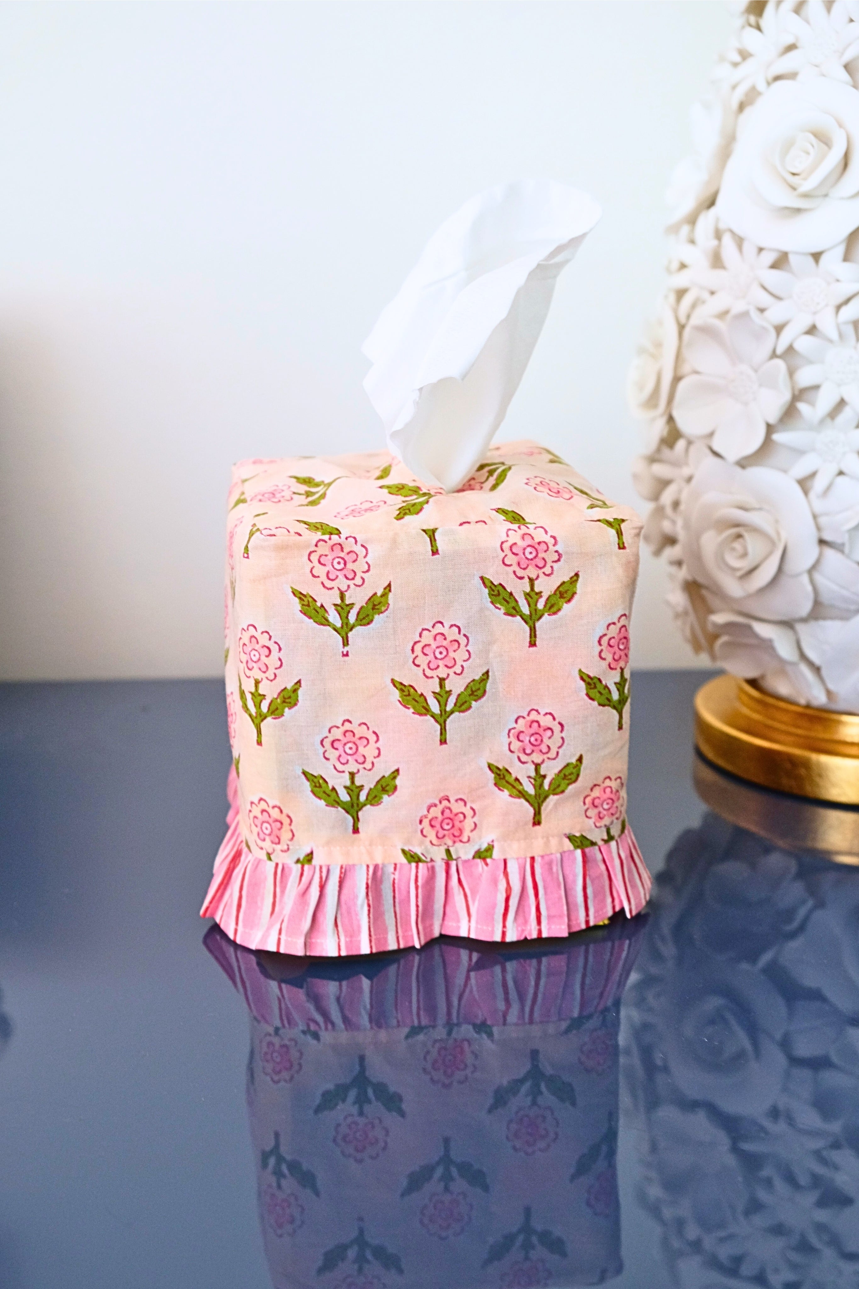 Mona pink blockprint ruffled tissue box cover with floral pattern