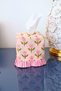 Mona pink blockprint ruffled tissue box cover with floral pattern