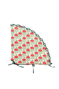 Scallop blockprint quilted tree skirt with red flowers, green leaves, Araminta Green