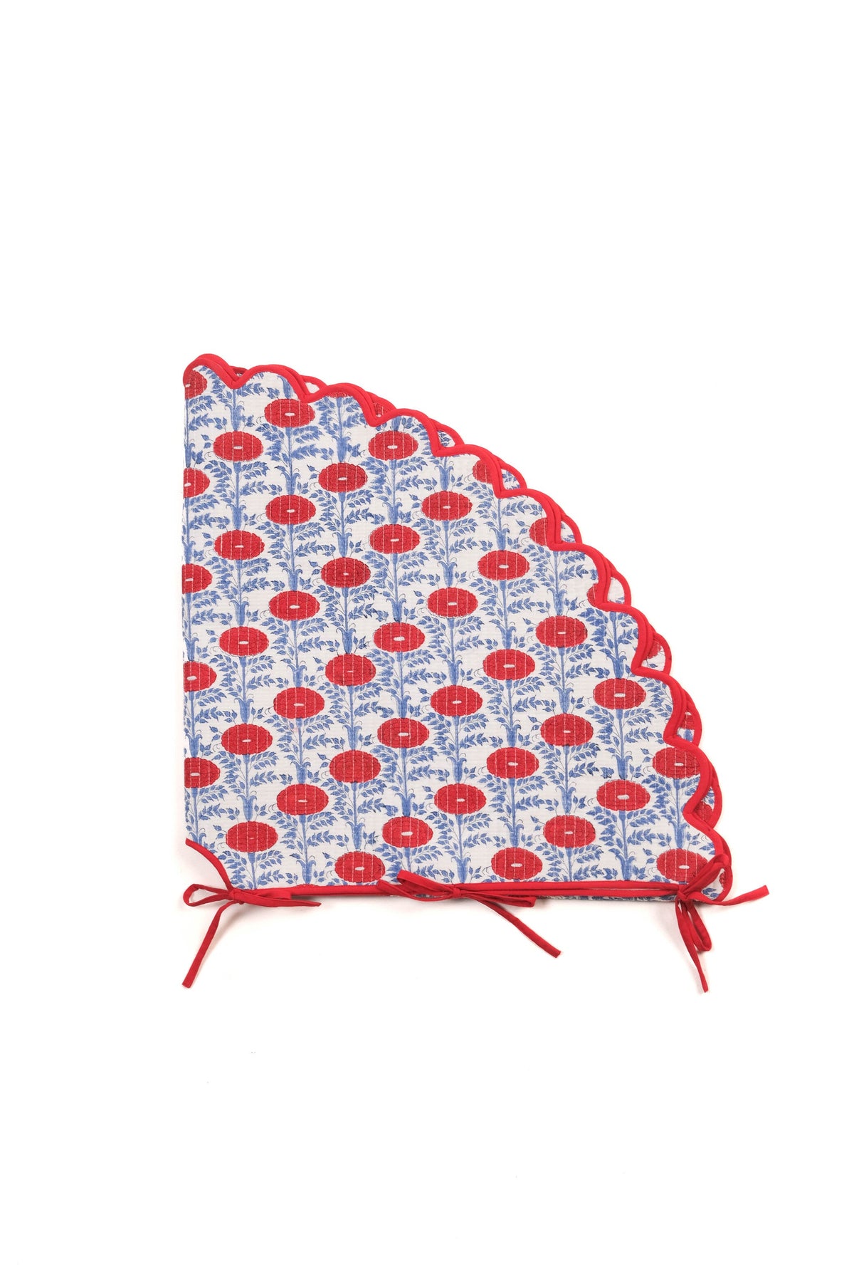 Scallop blockprint quilted tree skirt with red flowers, blue leaves, Araminta Red