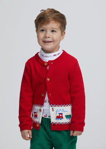 Little English classic fall cardigan with multicolored trains, red boy's traditional fall sweater, printed turtleneck with train motifs, banded pant in alpine corduroy, for little boy