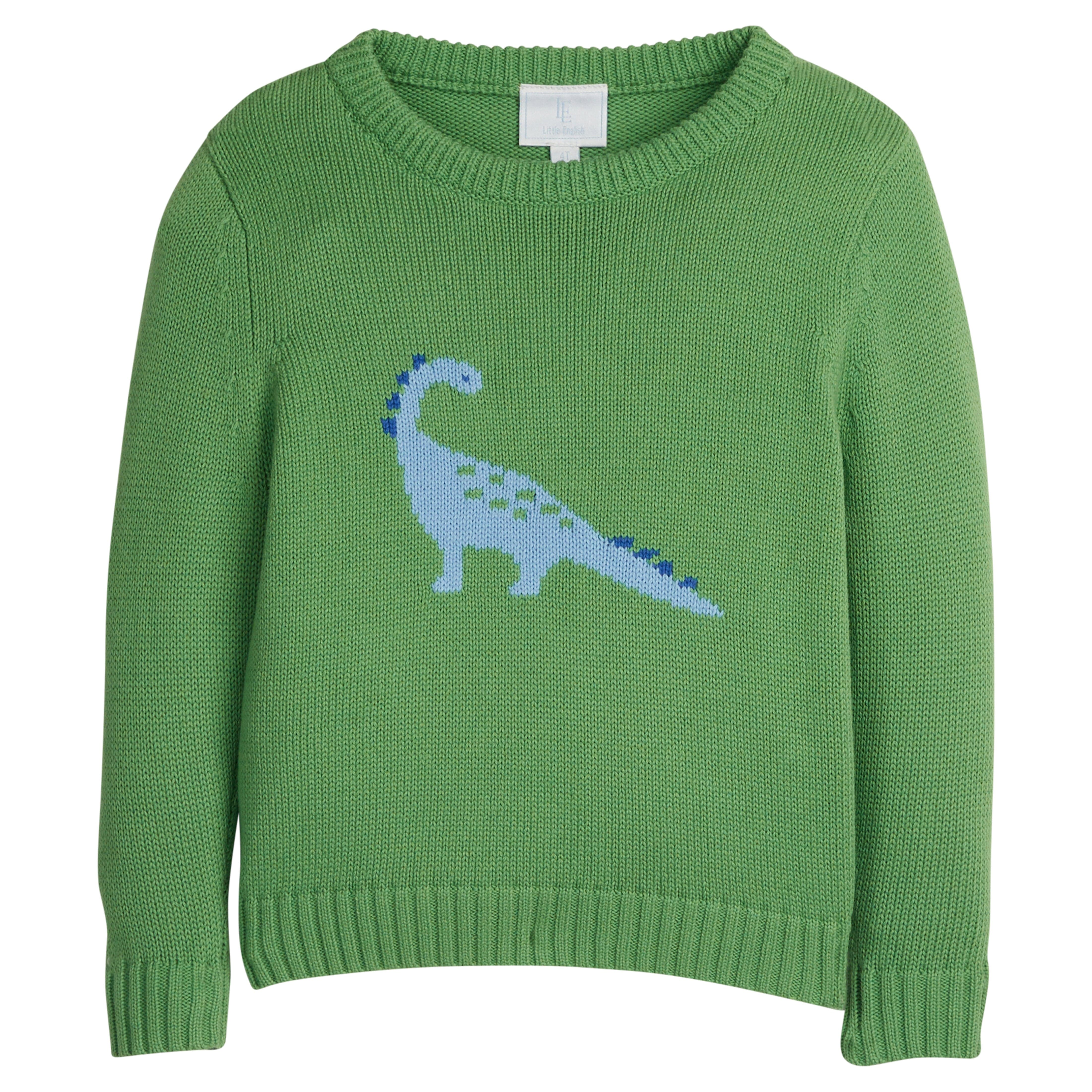 little english classic children's clothing boys green sweater with blue dinosaur motif for fall 