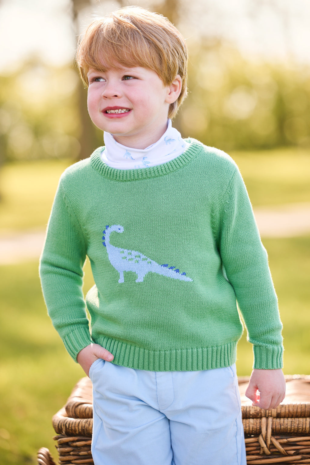little english classic childrens clothing, intarsia sweater with blue dinosaur motif, printed turtleneck with dinosaur pattern, banded pant in light blue cirduroy, boys outfits for fall 
