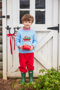 Little English traditional childen's clothing, light blue intarsia sweater with holiday lab print on chest, for little boy