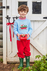 Little English traditional childen's clothing, light blue intarsia sweater with holiday lab print on chest, for little boy