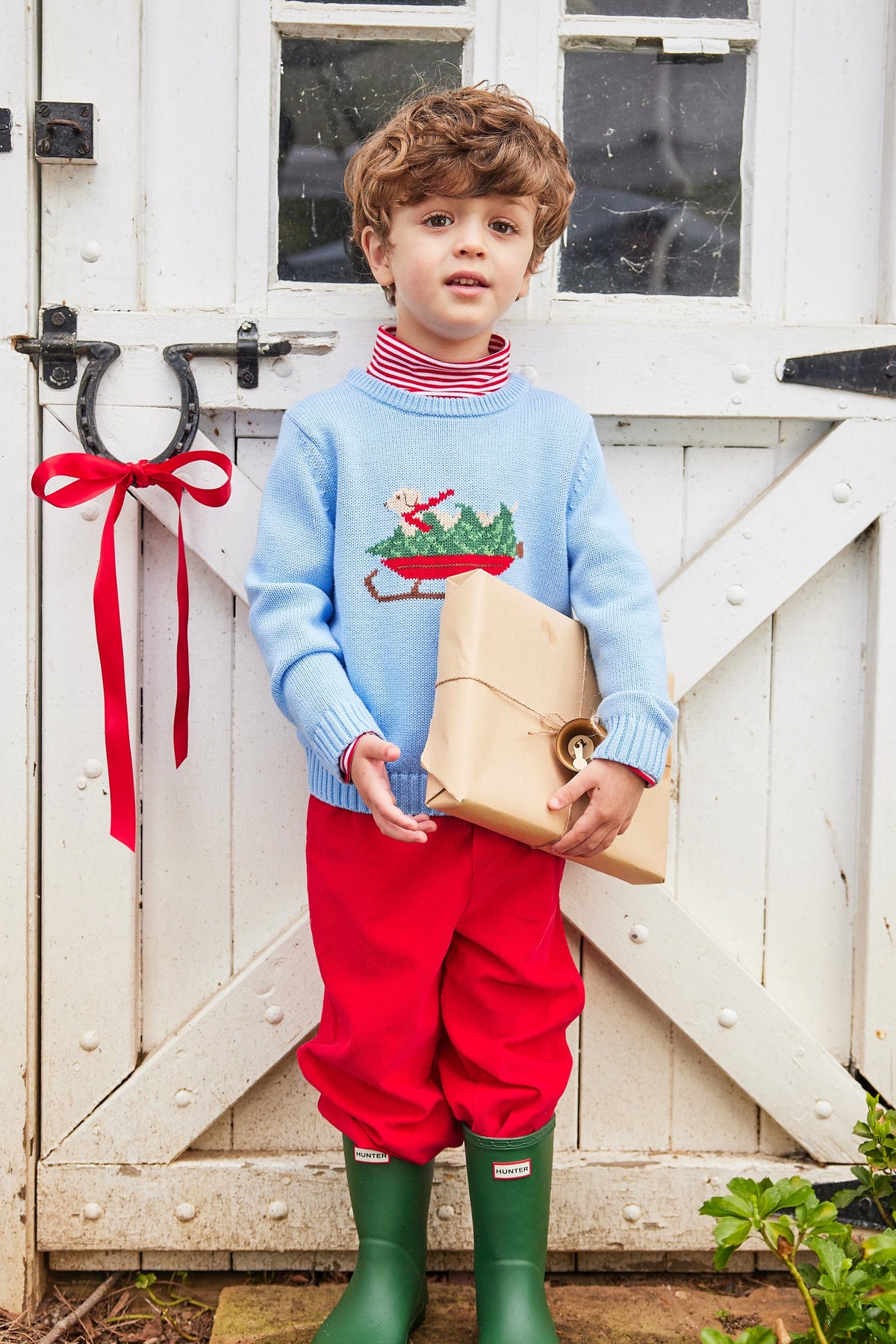 Little English traditional childen's clothing, light blue intarsia sweater with holiday lab print on chest, for little boy