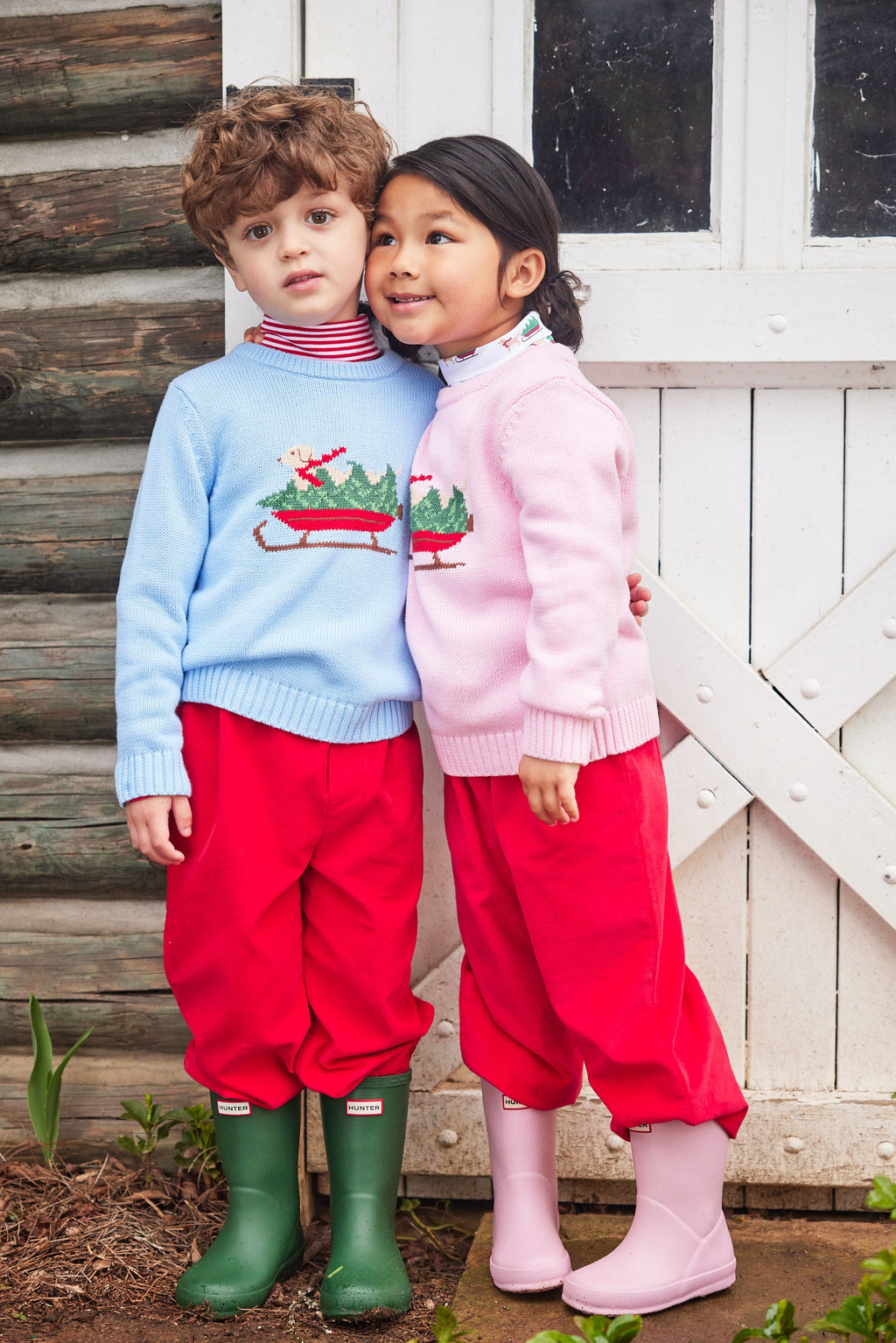 Little English traditional childen's clothing, light blue intarsia sweater with holiday lab print on chest, for little boy