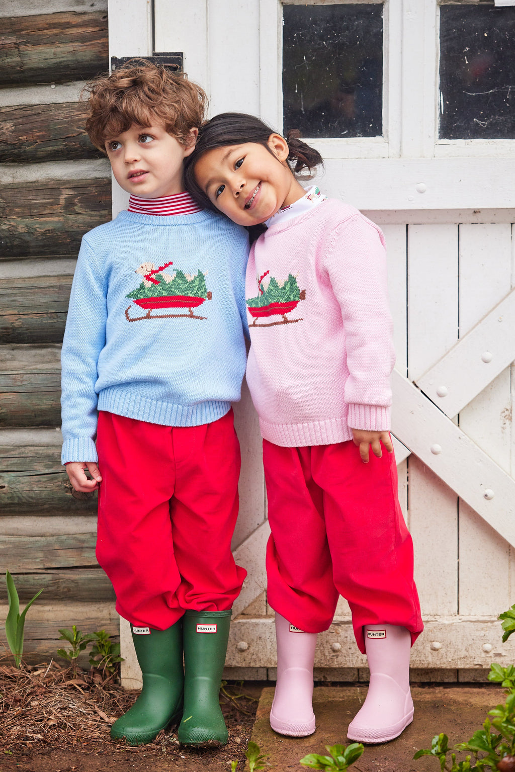 Little English traditional childen's clothing, light blue intarsia sweater with holiday lab print on chest, for little boy