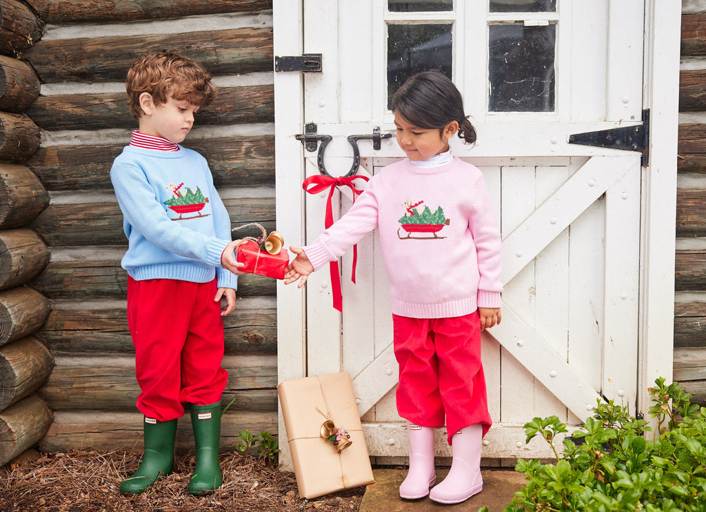 Little English traditional childen's clothing, light blue intarsia sweater with holiday lab print on chest, for little boy