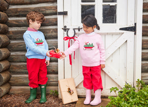 Little English traditional clothing, light pink Intarsia Sweter with holiday lab print on chest, for little girl 