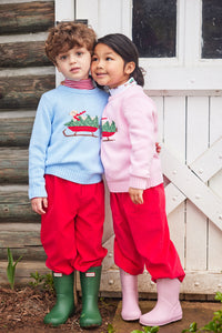 Little English traditional clothing, light pink Intarsia Sweter with holiday lab print on chest, for little girl 