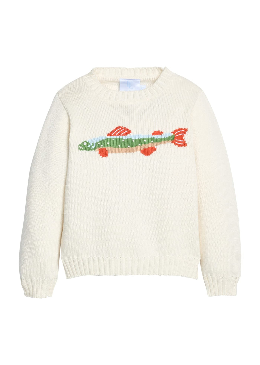Little English traditional children's clothing.  Boys cream crew neck sweater with fish motif 