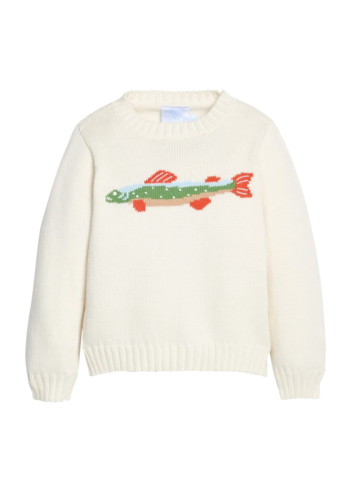 Little English traditional children's clothing.  Boys cream crew neck sweater with fish motif 