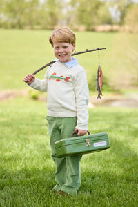 Little English traditional children's clothing.  Boys cream crew neck sweater with fish motif layered over light blue striped polo and paired with watercress green corduroy pants.
